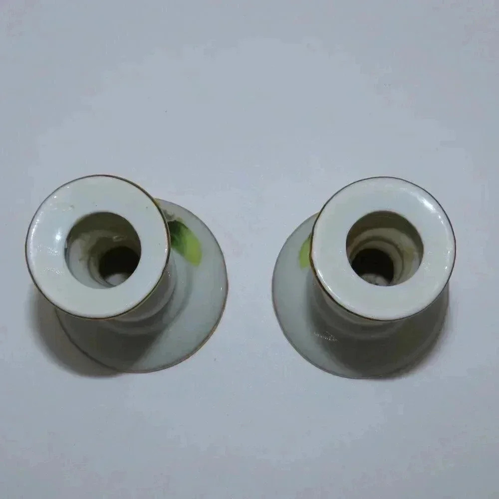 Morleans Japan Porcelain Candle Holders Pair Yellow Rose Vintage - Picture 4 of 5